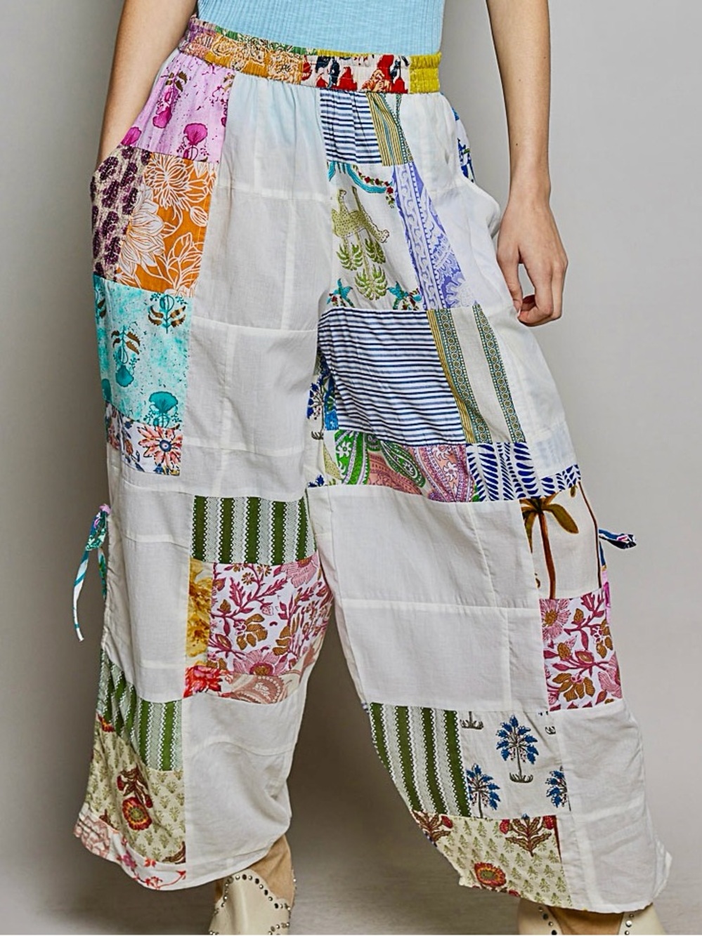 🩵Hello Gorgeous!POL Printed Patchwork Wide Leg Pants Adjustable Side Drawstring
